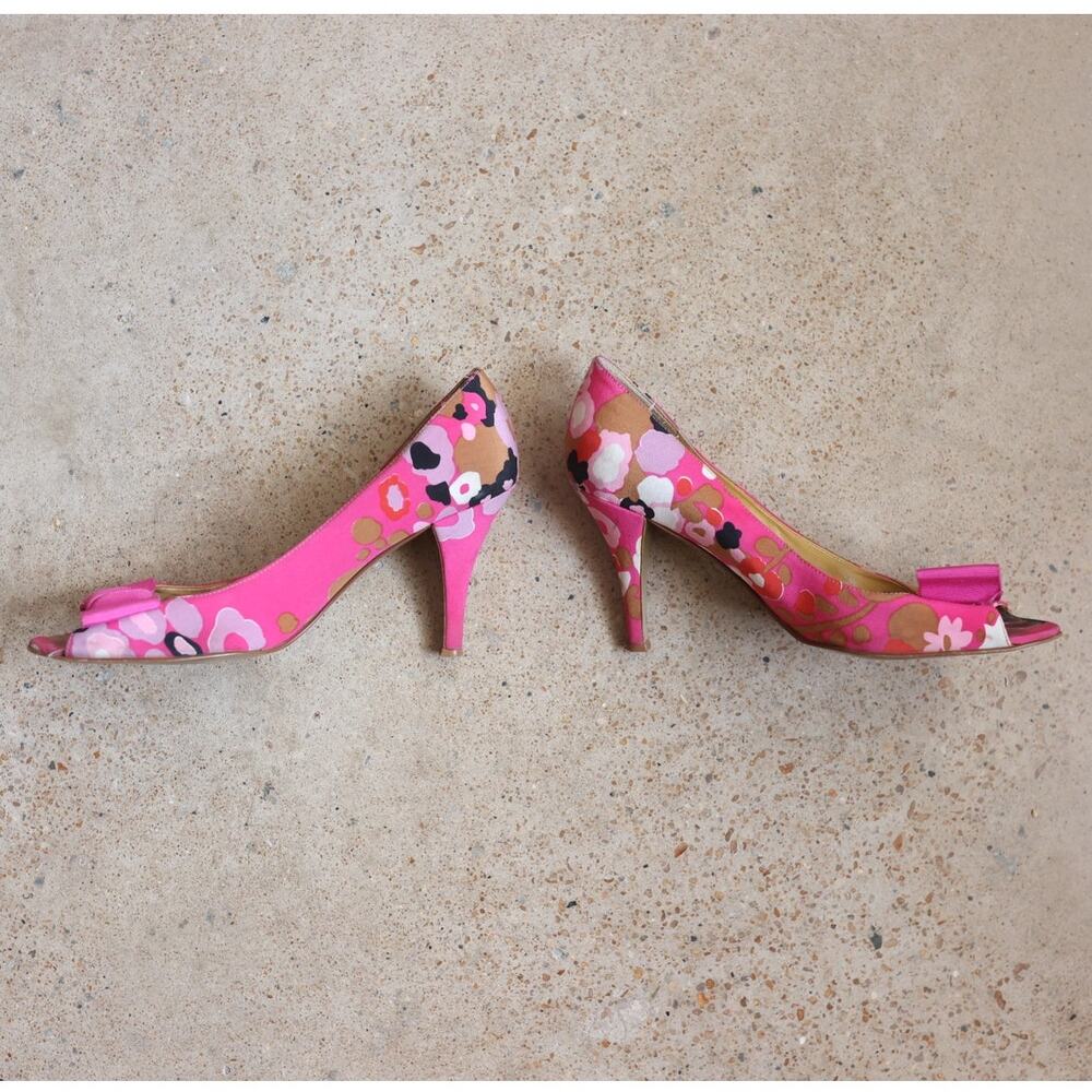 J.Crew Pink Floral Bow Peep Toe Heels Size 9 Italian Made Y2K Coquette - Picture 2 of 5